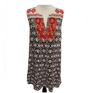 THML Swing Dress Womens Small Black & White IKAT with Tribal Embroidery Boho